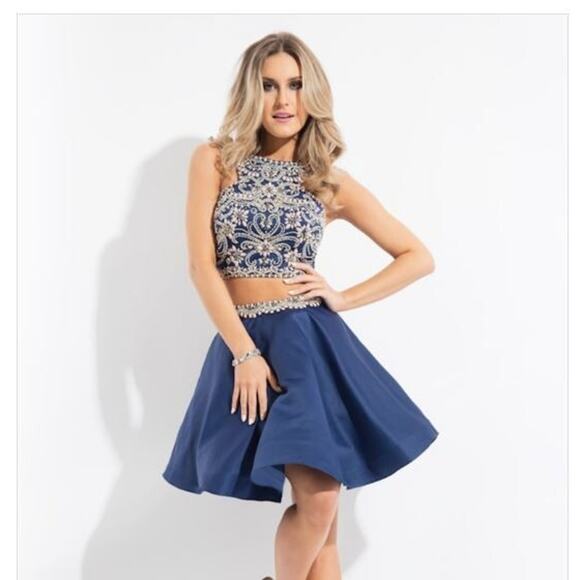 Rachel Allan Hand-Beaded Navy Blue Satin 2 Piece Prom Dance Dress Size 12 - Picture 2 of 13